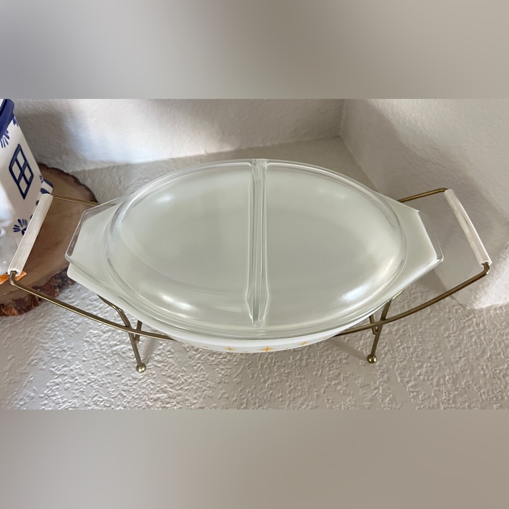 Vintage Pyrex Constellation Atomic Starburst Divided Dish Lid & Warming Stand - Picture 3 of 7